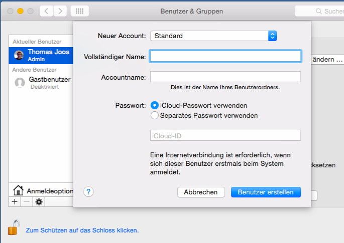 Über das „+“-Zeichen werden neue Benutzer angelegt. Hier sollte darauf geachtet werden, dass normale Benutzer die Rolle „Standard“ erhalten. Als Anmeldekonten lassen  sich auch Apple-Konten verwenden. (Bild: Thomas Joos)
