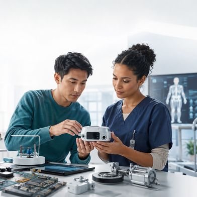 Medizintechnik verbindet u.a. Entwicklung, klinische Anwendung, Sensorik und Rehabilitation.  (Bild: Guido Deußing / KI-generiertes Symbolbild)
