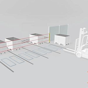 Ein Ansatz für die Zugangssicherung: Eine aktive optoelektronische Schutzeinrichtung (AOPD) befindet sich vor den Übergabestationen und deckt alle Stationen ab. Vor jeder AOPD sind zwei Schleifen installiert. Normative Muting-Anforderungen, wie IEC 62046, werden so jedoch nicht erfüllt.(Bild:  Leuze electronic GmbH + Co. KG)