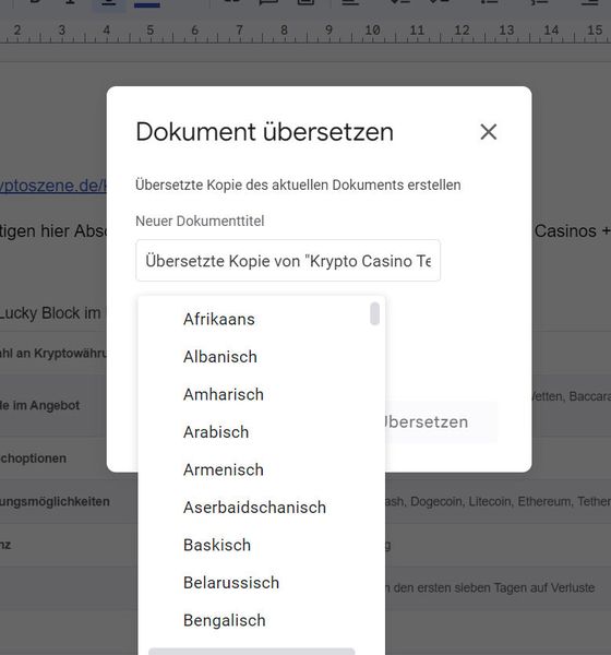 Auswählen der Sprache und übersetzen des Dokumentes als Kopie des ursprünglichen Dokumentes. (Bild: Joos - Google)