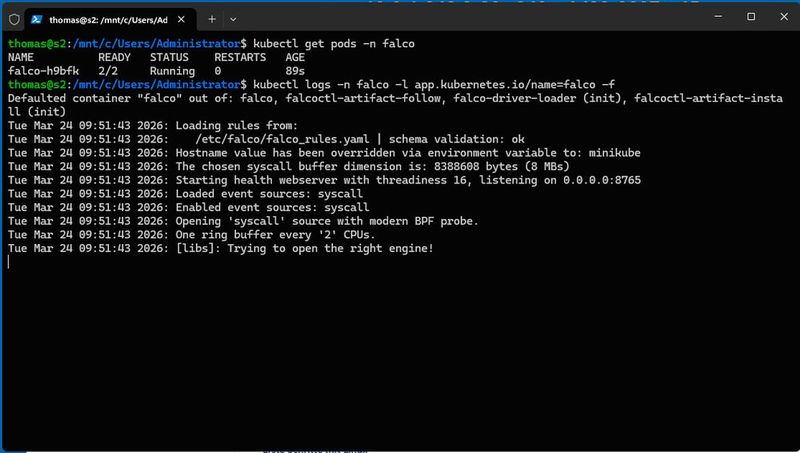 Überprüfung der laufenden Falco-Pods sowie Initialisierung der Falco-Engine mit geladenen Regeln und aktivem Syscall-Monitoring. (Bild: Joos)
