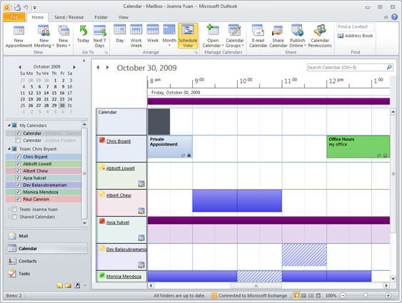 Outlook 2010 kann als Unterstützung von UCC-Funktionen unter anderem mit den Kalendern von ganzen Teams umgehen. (Archiv: Vogel Business Media)