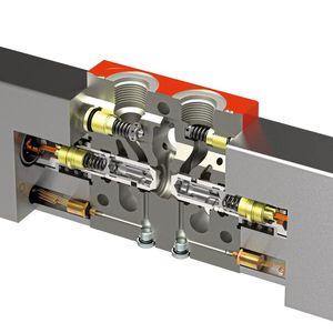 Für Arbeitsfunktionen sind Ventilsteuerungen mit Flow-on-Demand eine wirtschaftliche Alternative. Hydrauliksteuerblöcke mit getrennten Steuerkanten, wie der Ventilblock LVS12 von Bucher Hydraulics, verringern die Verlustleistung und ermöglichen dynamischere Arbeitsfunktionen.(Bild:  Bucher Hydraulics)