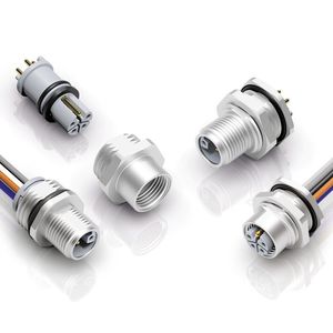 Die platzsparenden M12-Flanschsteckverbinder mit L-Kodierung sind für das Hand-, Wellen- und Reflow-Löten auf Leiterplatten geeignet. (Bild:  Binder)