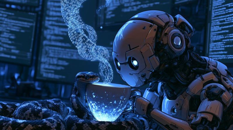 Bildmetapher: Die Schlange steht für Python, das Kaffeetassensymbol für Java und der KI-Bot für neue Zeiten im Coding-Geschäft.(Bild:  Midjourney / KI-generiert)