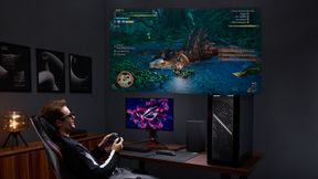 Die beiden transparenten Micro-OLED-Panels der AR-Brille ROG Xreal R1 von Asus sorgen dafür, dass Träger einen riesigen im Raum schwebenden 171-Zoll-Bildschirm zu sehen scheinen. (Bild: Asus)