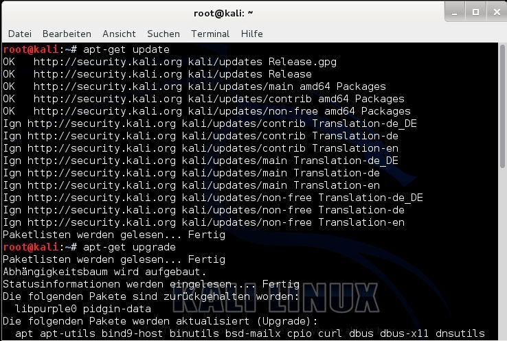 Nach der Installation von Kali sollten zunächst alle Programme und die Distribution aktualisiert werden. Das erfolgt über den Befehl apt-get upgrade und apt-get update. Die Distribution selbst wird mit apt dist-upgrade und dann mit reboot aktualisiert. (Th. Joos)