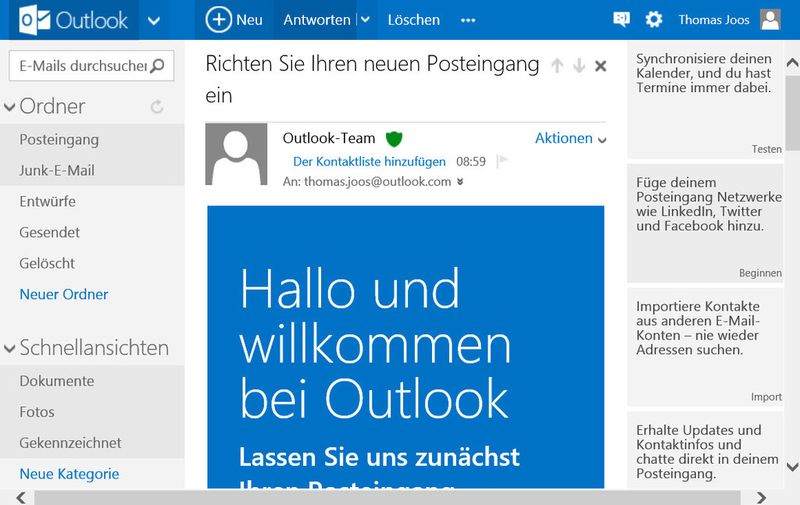 Die neue E-Mail-Oberfläche orientiert sich an Outlook 2013 und Windows 8. Über die Startseite erreichen Anwender die wichtigsten Bereiche von Outlook.com und können Einstellungen vornehmen, E-Mails schreiben und Dokumente verwalten. (Archiv: Vogel Business Media)