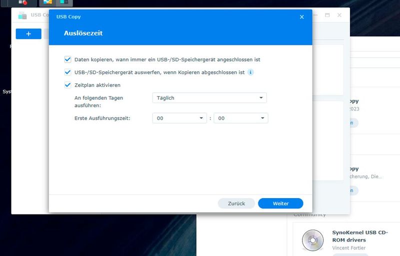 Konfigurieren eines Zeitplans für USB Copy. (Bild: Joos - Synology)