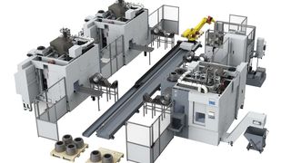 Das Emag-Fertigungskonzept für die Lkw-Bremstrommelbearbeitung im Ganzen: Drehmaschinen, Roboterhandling und Automationsablauf nebst Peripherie, Spannmitteln und passenden Werkzeugen sind laut Hersteller zu einer hoch produktiven Einheit geworden. (Bild: Emag)