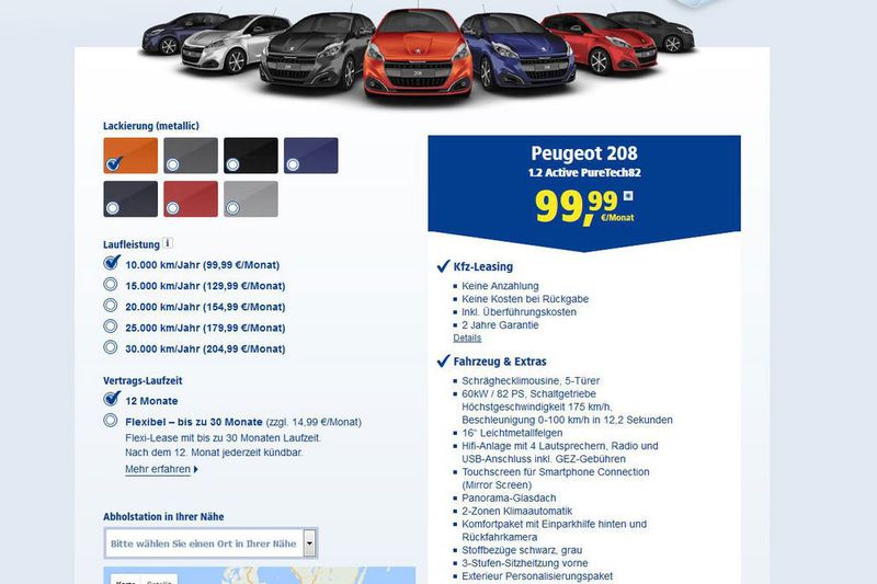 Im günstigsten Fall können Interessenten den Peugeot 208 für 99 Euro im Monat leasen. (Screenshot 1und1.de)