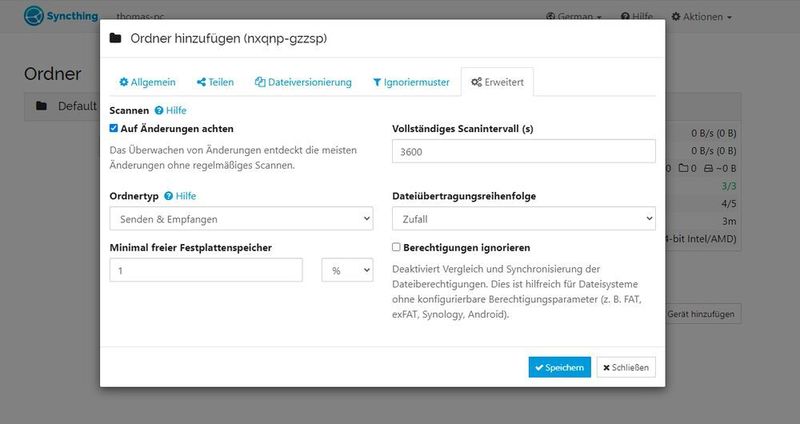 Konfigurieren der Ordnersynchronisierung. (Joos/Syncthing)