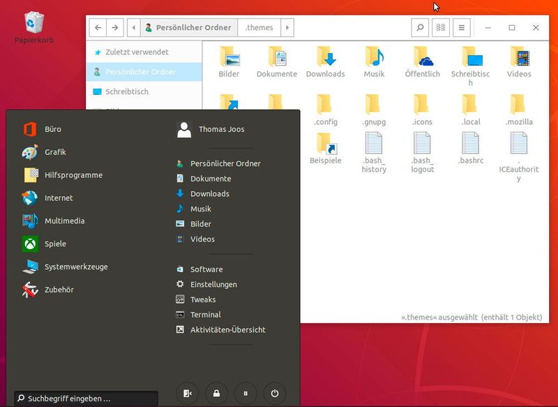 Nach der Umstellung sieht die Oberfläche von Ubuntu aus wie Windows 10, inklusive Startmenü. (Joos / Ubuntu / Gnome)