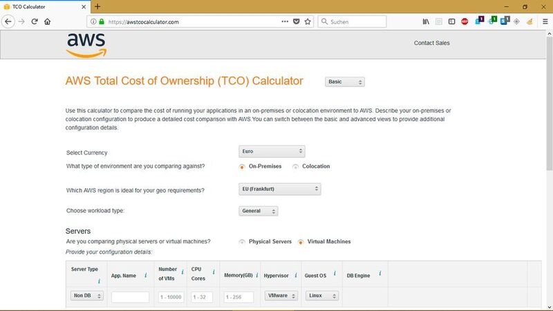 Mit dem AWS Total Cost of Ownership Calculator lassen sich die Gesamtbetriebskosten der AWS-Nutzung beispielsweise für die Region Frankfurt/Main in Euro berechnen. ( Amazon/Matzer)