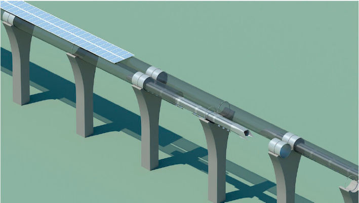 Das HYperloop-Konzept, wie Elon Musk es 2013 ausgelobt hat: Die elektromagnetisch angetriebende Bahn rast durch die Röhren, auf denen Solarzellen die Energie bereitstellen. (Bild: SpaceX)