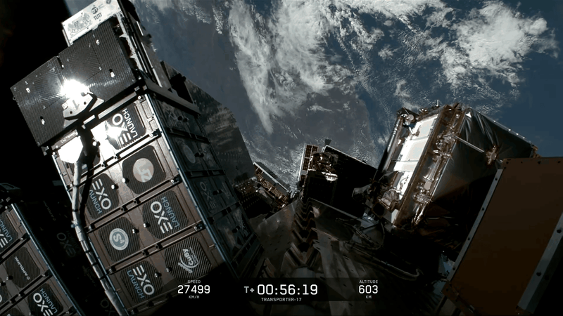 At the top left, CuBy-5 is being deployed from the container attached to the rocket.(Source:  Oliver Ruf S4 GmbH  Würzburg, credits: SpaceX videostream)