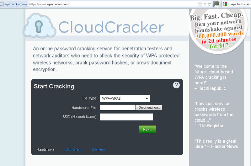 Wpacracker.com als Anbieter des Hashcrackens in der Cloud. Neben WPA werden NTLM, SHA und MD5 angeboten. (Archiv: Vogel Business Media)