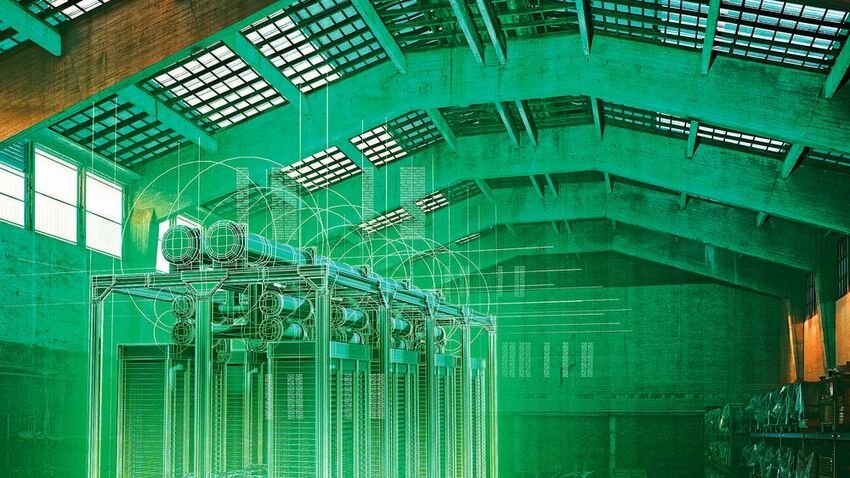 Am Standort Herne plant Evonik den Bau eines Pilot-Elektrolyseurs zur Erzeugung von grünem Wasserstoff: Grafische Darstellung des Elektrolyseurs im ehemaligen Salzlager in Herne. (Bild: Evonik)