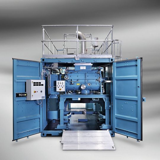 Der mobile Pflugscharmischer Mixer in the Box ist in einem Standardcontainer installiert. Insbesondere Anwender aus der Heavy Duty-Branche haben so erstmals die Möglichkeit, praktische Verschleißuntersuchungen direkt vor Ort durchzuführen. (Bild:  Loedige)