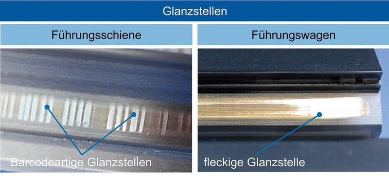 Bild 2: Ausprägung von Glanzstellen an der Laufbahn einer Führungsschiene und eines Führungswagens. (WZL der RWTH Aachen)