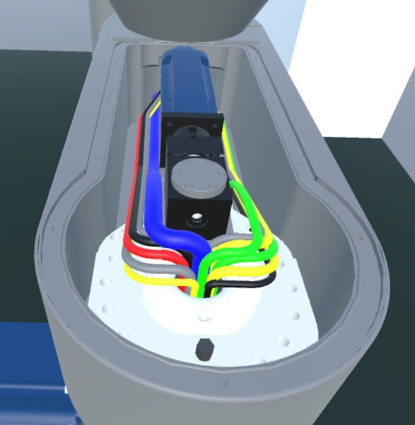 Das Bild zeigt einen Teil der VR-Sicht des Trainingsteilnehmers auf den Reinigungsroboter Scara von Ecoclean, den er mit seinen Controllern in den Händen im virtuellen Raum geöffnet hat. (Tema)