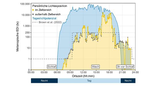 Estudio sobre la intensidad de la luz: los participantes en un estudio suelen estar expuestos durante el día a menos luz de la recomendada por los expertos (línea discontinua). Por la noche, en cambio, suele haber demasiada luz.(Bild:  Johannes Zauner / Universidad Técnica de Múnich)