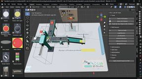 3D-Modellierungssoftware Blender mit dem integrierten Bauteilekatalog von MHJ-Software (links), dem Aufbau einer virtuellen Anlage im Konstruktionsbereich (zentral) sowie dem speziell entwickelten Plugin zur Skill-Konfiguration (rechts).  (Bild: MHJ-Software)