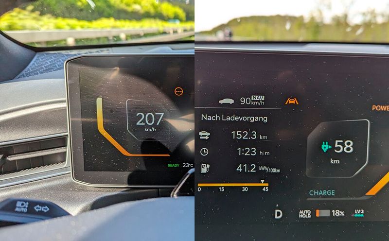Zwar weit entfernt von Warp-Geschwindigkeit, aber eine respektable Höchstgeschwindigkeit für ein E-Auto – noch dazu für ein so großes, schweres und bedingt-windschlüpfriges wie den EV 9 (Bild links). Dass dabei aber doch so einige Elektronen durch die Leitungen bzw. Wicklungen der zwei Elektromotren fließen, dokumentiert die entsprechende Verbrauchsanzeige eindrucksvoll. Bei normaler Fahrweise kamen wir ziemlich exakt auf die je nach Version versprochenen 20 bis 22,3 kWh/100 km. In Anbetracht der Größe bzw. Masse und Leistung des Dickschiffs ein akzeptabler Wert. (Bild: Dominsky – VCG)