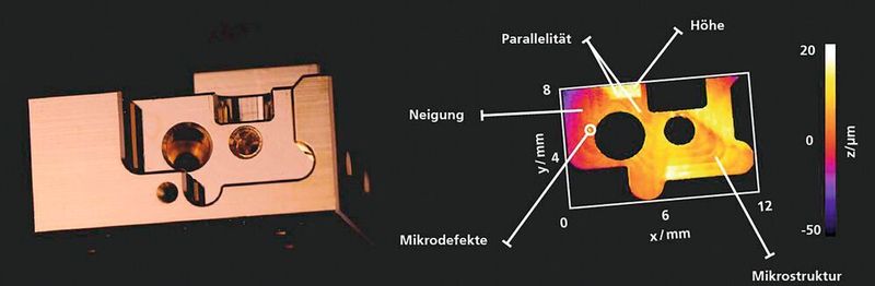 Bild 3: Der Holo-Cut-Sensor erfasst Bauteiloberflächen in Sekundenbruchteilen mikrometergenau und flächig. So werden neben der Geometrie gleichzeitig relevante Oberflächenparameter erfasst, beispielsweise Mikrodefekte und Mikrostrukturen sowie Höhe, Parallelität und Neigung von Flächen. (Fraunhofer-IPM)