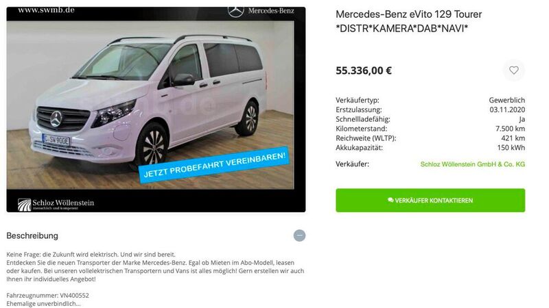 Screenshot: Inserat von Schloz-Wöllenstein bei E-Autos.de.
