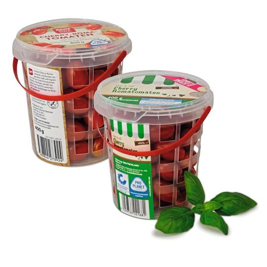 Ressourcenschonende Verpackung für Snack-Tomaten: Der von Pöppelmann Famac mit Unterstützung von Merulin Gartenbauservice entwickelte Eimer in Gitterstruktur benötigt deutlich weniger Material.(Bild:  Pöppelmann)