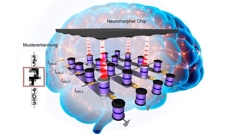 Neuromorpher Chip mit Testaufgabe einer Zeichenerkennung. Seine Arbeitsweise kopiert dabei die Funktionsweise des Gehirns. (Bild:  Grafik: Parvini Tahereh)