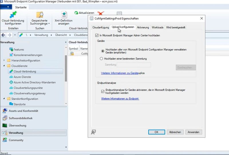 Nach der Anbindung von ECM an EM können Einstellungen bezüglich des Uploads vorgenommen werden. (Bild: Microsoft / Joos)
