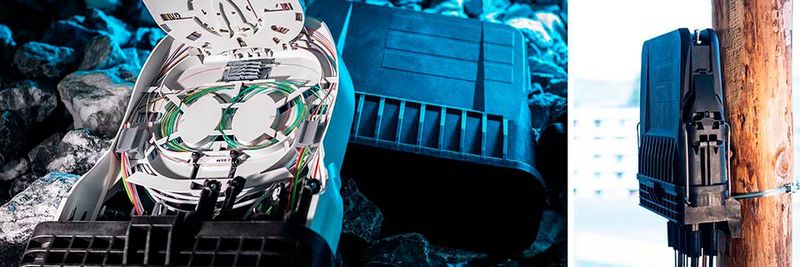 Mit der Zoona-Muffe von R&M könne der Ausbau von FTTH-Zugangsnetzen beschleunigt werden. Der Außenverteiler lasse sich leicht an Gebäuden und Masten befestigen.(Bild:  R&M)