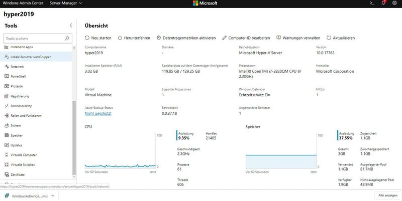 Mit dem Windows Admin Center kann Hyper-V-Server 2019 über eine grafische Oberfläche verwaltet werden. (Bild: Joos / Microsoft)