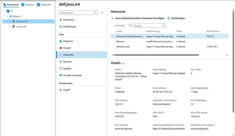 Die Netzwerkansicht stellt physische und virtuelle Netzwerkschnittstellen dar und liefert detaillierte Informationen zu Konfiguration, Adressierung und Betriebszustand. (Bild: Microsoft - Joos)