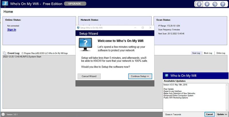 Who Is On My Wifi startet mit einem Assistenten, den auch ungeübte Anwender bedienen können, um das WLAN nach ungebetenen Gästen zu scannen. (Bild: Joos - Softonic)