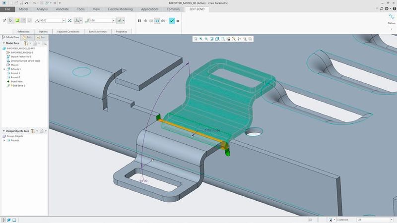Bei der direkten Modellierung wird jetzt auch der Sheetmetal-Modus unterstützt. Biegungen, Biegeentlastungen, Eckentlastungen, Ecknähte und Sicken lassen sich bearbeiten und Merkmale der Konstruktionsabsicht einzeln oder global ändern.  (Bild: PTC)
