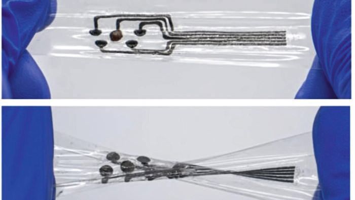 SIRES-basierte Bioelektronik beim Dehnen (oben) und Verdrehen (unten). (Bild:  Wei Gao Lab/Caltech)