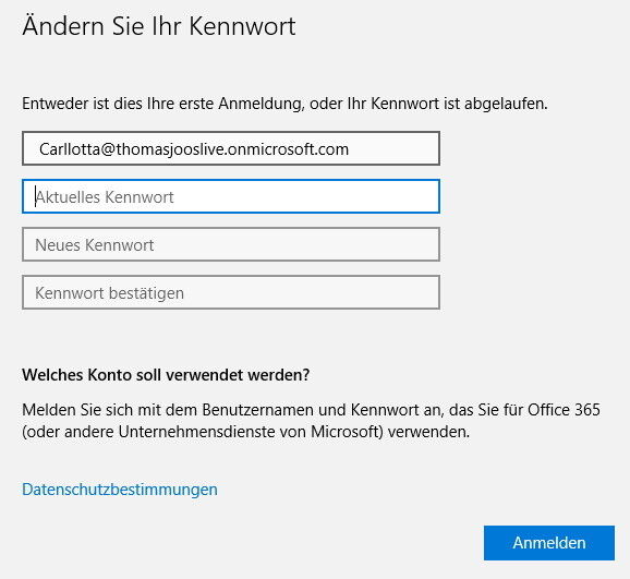 Beim Anlegen von Benutzern erhalten Administratoren in Microsoft Azure ein Einmalkennwort. Dieses kann der Anwender dazu nutzen, sich an Azure Active Directory anzumelden. Im Rahmen der Anmeldung muss der Anwender aber sein Kennwort ändern. Der entsprechende Assistent dazu wird von Windows 10 eingeblendet. Administratoren können in der Weboberfläche jederzeit das Kennwort ändern. (Bild: Thomas Joos)