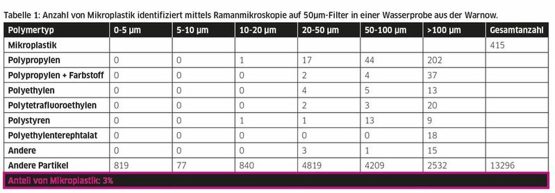 Tabelle 1: Anzahl von Mikroplastik identifiziert mittels Ramanmikroskopie auf 50µm-Filter in einer Wasserprobe aus der Warnow.