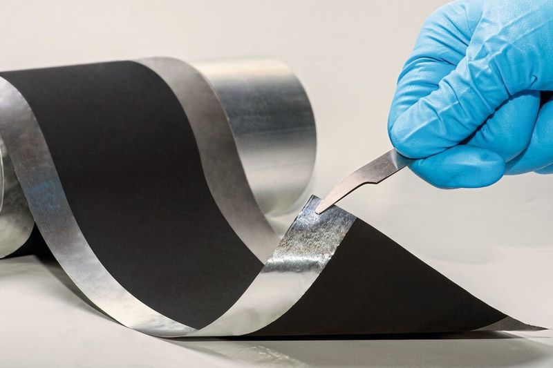 So sehen die mit der neuen Trockentransfertechnologie beschichteten Elektroden aus. Mit dem Verfahren des Fraunhofer IWS lassen sich Batterieelektroden ohne den Einsatz von giftigen Lösungsmitteln bereits im Pilotmaßstab herstellen. (Fraunhofer IWS Dresden)