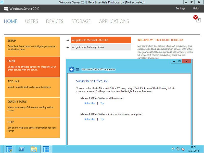 Windows Server 2012 Essentials hat im Gegensatz zu Small Business Server 2012 keinen eigenen E-Mail-Server mehr. Unternehmen können entweder auf Office 365 setzen oder einen zusätzlichen Exchange-Server anbinden. Beides erfolgt über einen Assistenten der sich im Bereich E-Mail starten lässt. (Archiv: Vogel Business Media)