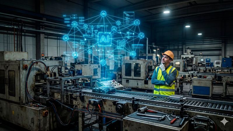 Theorie vs. Praxis: Warum ehrgeizige KI-Initiativen in der industriellen Realität oft an mangelnder Datenqualität und Praxistauglichkeit scheitern.(Bild:  Gemini / KI-generiert)