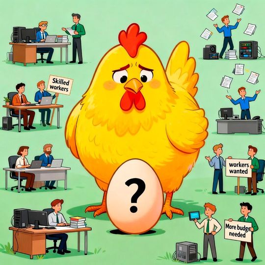 Wieder mal ein Henne-Ei-Problem: Ohne ausreichende Fachkräfte sind Kosten-Nutzen-Analysen ungenau und ohne Investitionen die Rekrutierung dieser Fachkräfte nicht.(Bild:  Canva / KI-generiert)