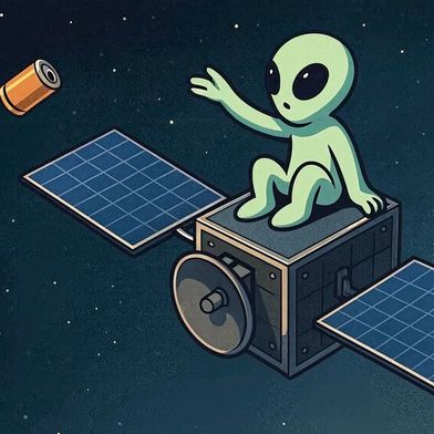 When the mass is thrown away, the satellite moves in the opposite direction - a simple but clear example of Newton's third law. (Image:Dall-E / AI-generated)