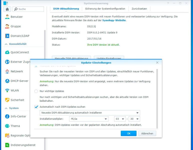 Das NAS kann sein Betriebssystem automatisch aktualisieren und zu einem fest definierten Zeitpunkt neu starten. (Thomas Joos)
