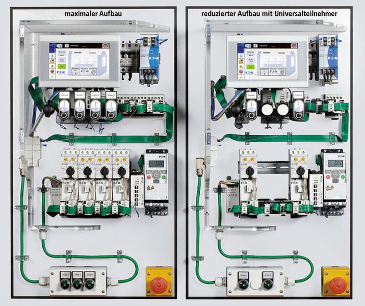Bild 4: Ein Hersteller von Dampfautomaten nutzt die Lean Solution mit Smartwire-DT, um eine Lückenprogrammierung (rechts) für den späteren Ausbau (links) zu verwirklichen. (Bild: Eaton)