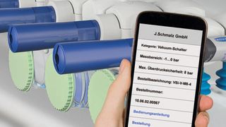 Die Vakuum- und Druckschalter lassen sich einfach in Anlagen integrieren. Sie kommunizieren per IO-Link in alle gängigen Feldbussysteme und ermöglichen darüber hinaus dank Nahfeld-Technologie das Auslesen von Informationen mit dem Smartphone. (Bild: J. Schmalz)