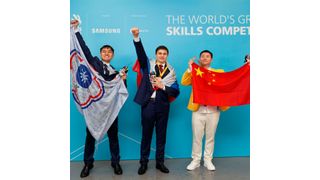 Die Medaillengewinner im Skill „Automobile Technoly“: (v. li.) Zu-Yi Lu aus Taiwan, Nikolai Donchak aus Russland und Zhen Wang aus China.  (Worldskills International/Himal Reece)